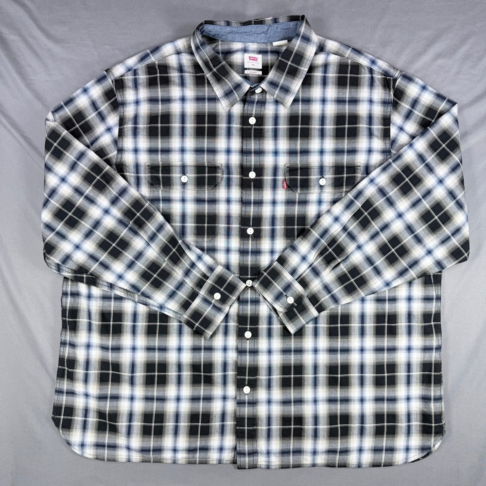 Levis Mens XXL Blue Black White 100% Cotton  Worker Relaxed Plaid Flannel Shirt
